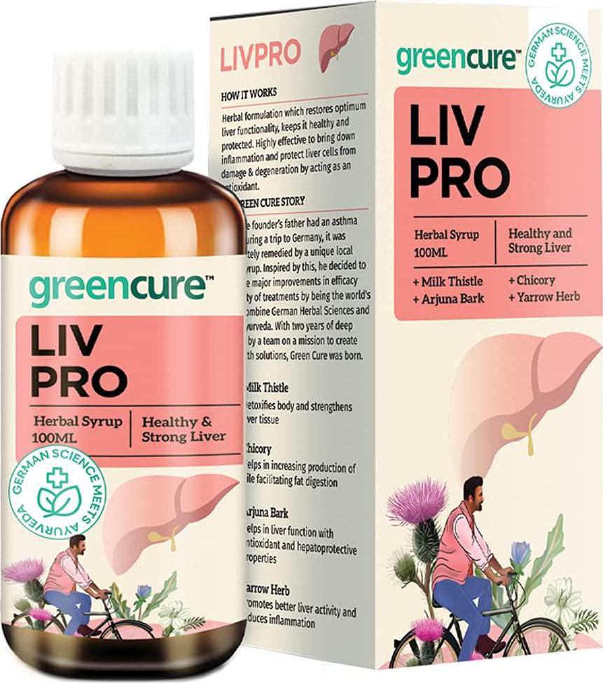 Green Cure Livpro Herbal Alcohol Detox for Liver with Milk Thistle and Arjuna Bark, German Science with Indian Ayurveda, Ayush Ministry Certified -100ml
