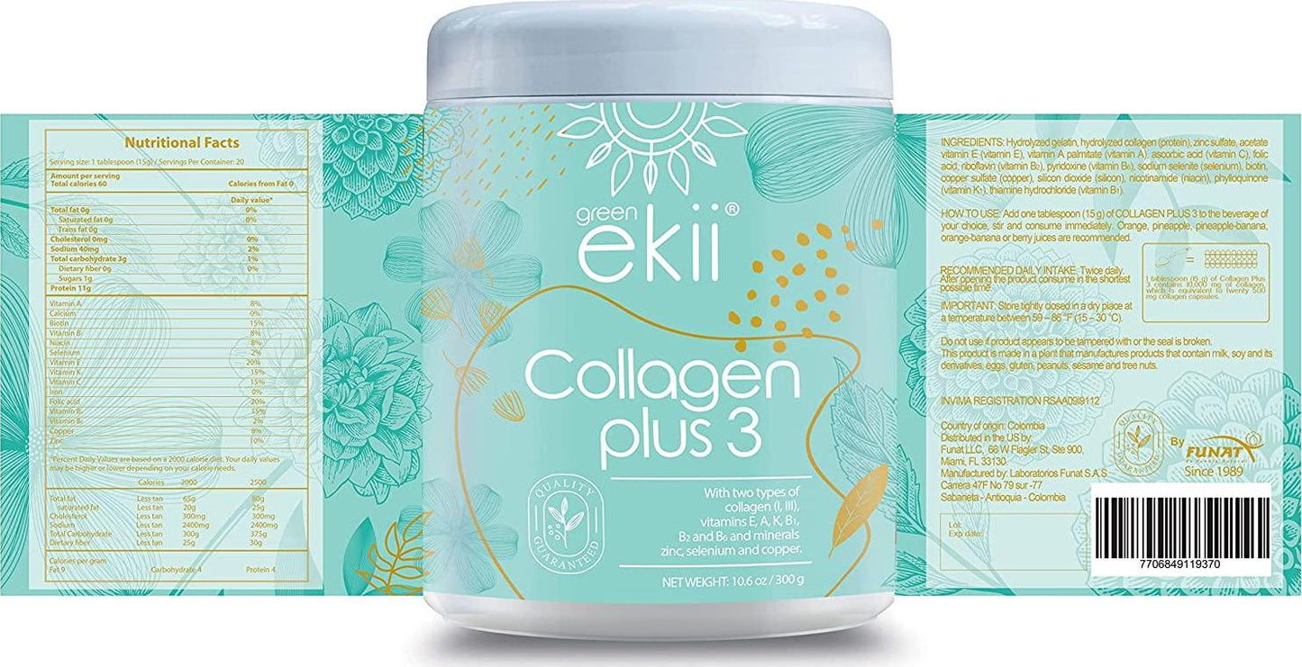 Green Ekii Collagen Plus 3 with Collagen Types I and III Added with Vitamins and Minerals - 10,000 mg of Collagen per Serve 10.6 oz (300 g)