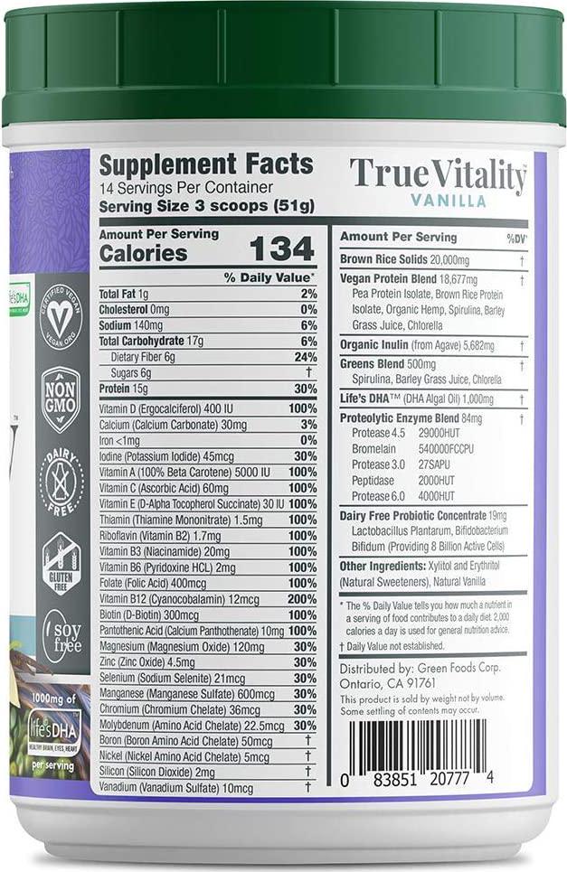 Green Foods True Vitality Plant Protein Shake with DHA Vanilla - 25.2 oz