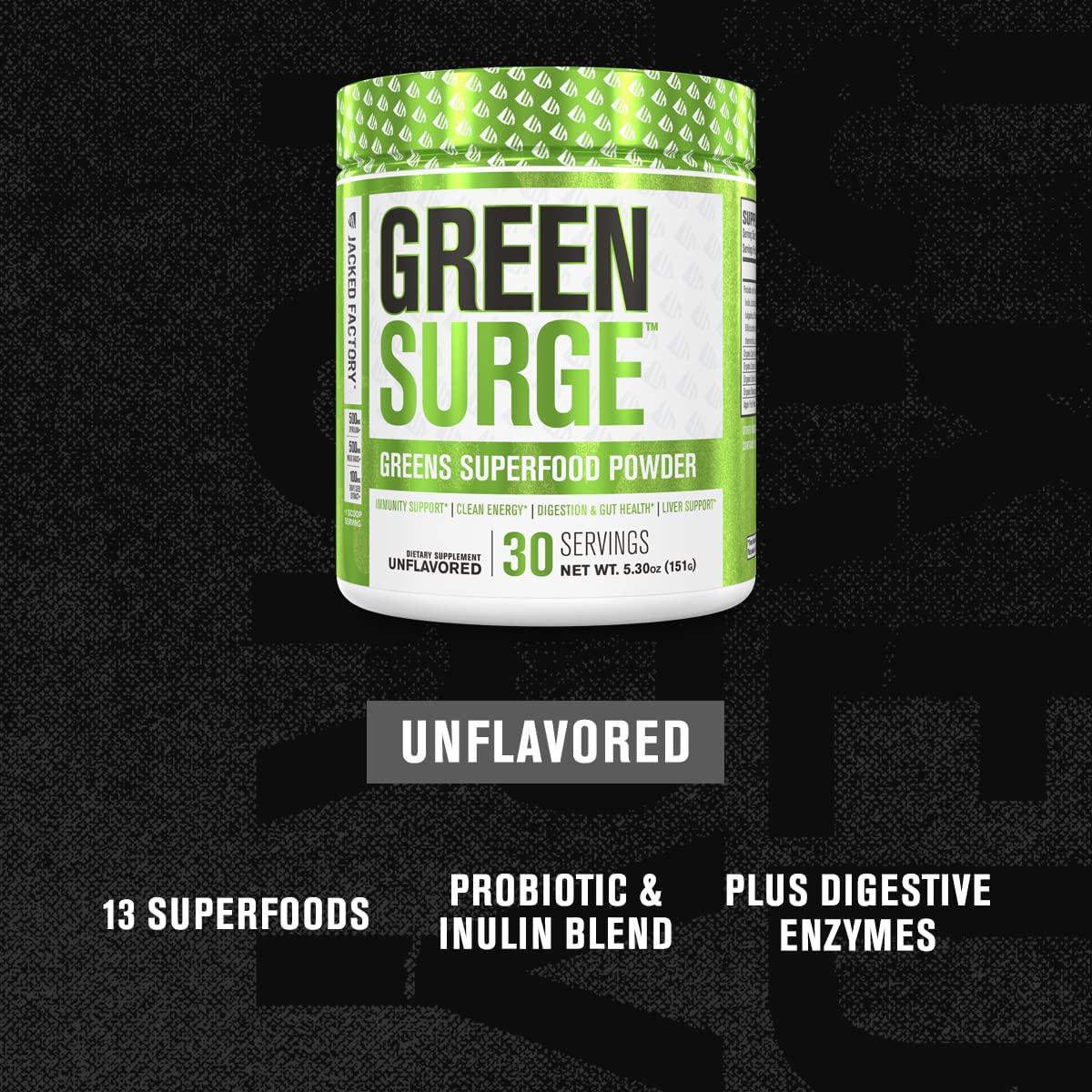 Green Surge Green Superfood Powder Supplement - Keto Friendly Greens Drink w/Spirulina, Wheat and Barley Grass - Green Tea Extract, Probiotics and Digestive Enzymes - Unflavored - 30sv