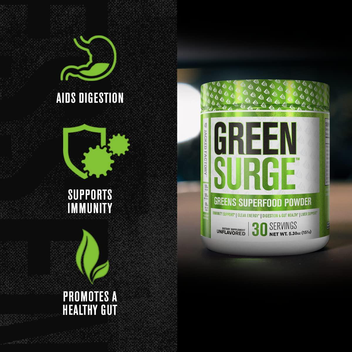 Green Surge Green Superfood Powder Supplement - Keto Friendly Greens Drink w/Spirulina, Wheat and Barley Grass - Green Tea Extract, Probiotics and Digestive Enzymes - Unflavored - 30sv