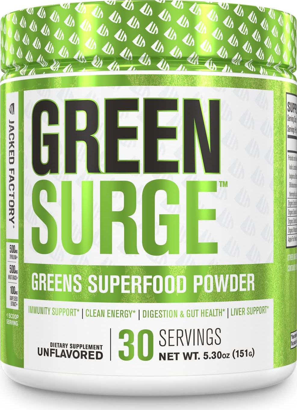 Green Surge Green Superfood Powder Supplement - Keto Friendly Greens Drink w/Spirulina, Wheat and Barley Grass - Green Tea Extract, Probiotics and Digestive Enzymes - Unflavored - 30sv