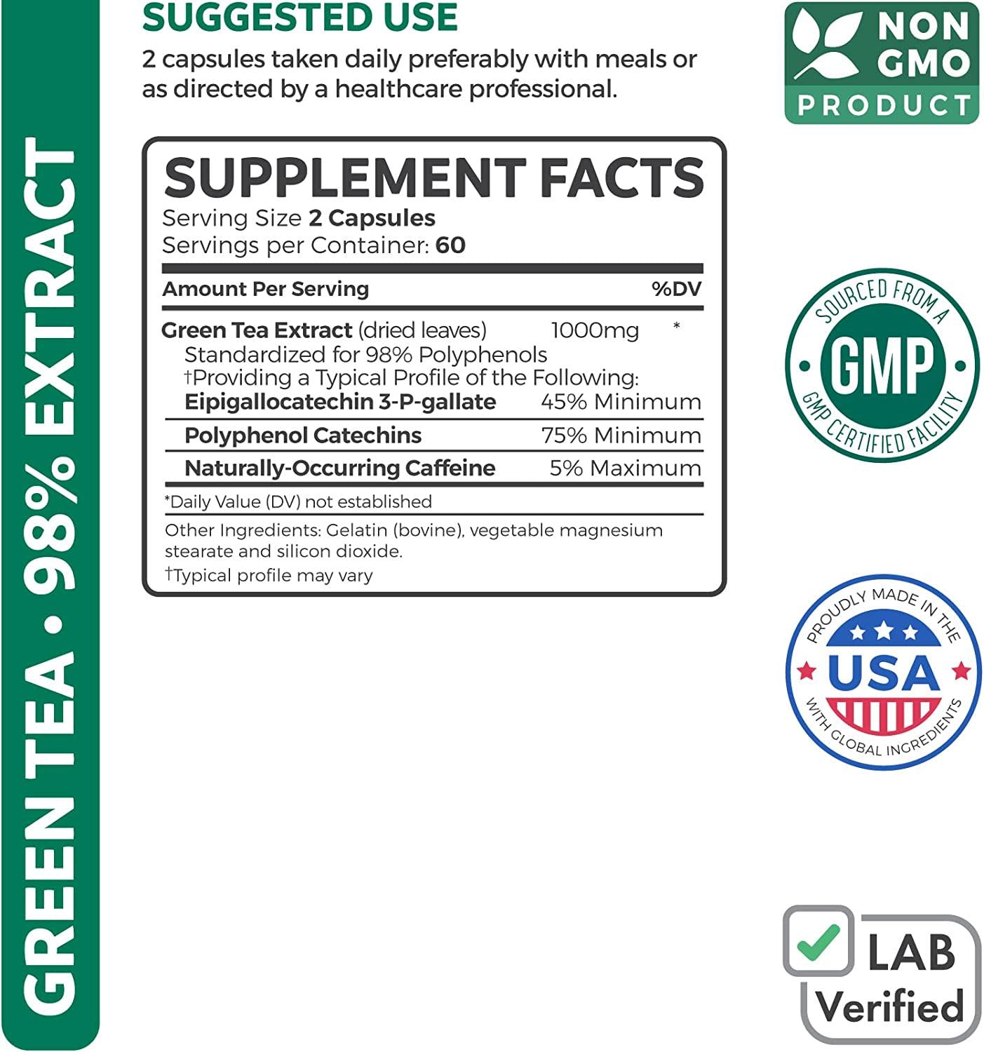 Green Tea Extract 98% - 1000mg with EGCG - 120 Capsules (Non-GMO) for Weight Loss and Metabolism Boost - Natural Diet Pills - Leaf Polyphenol Catechins - Antioxidant Supplement - 500mg per Capsule