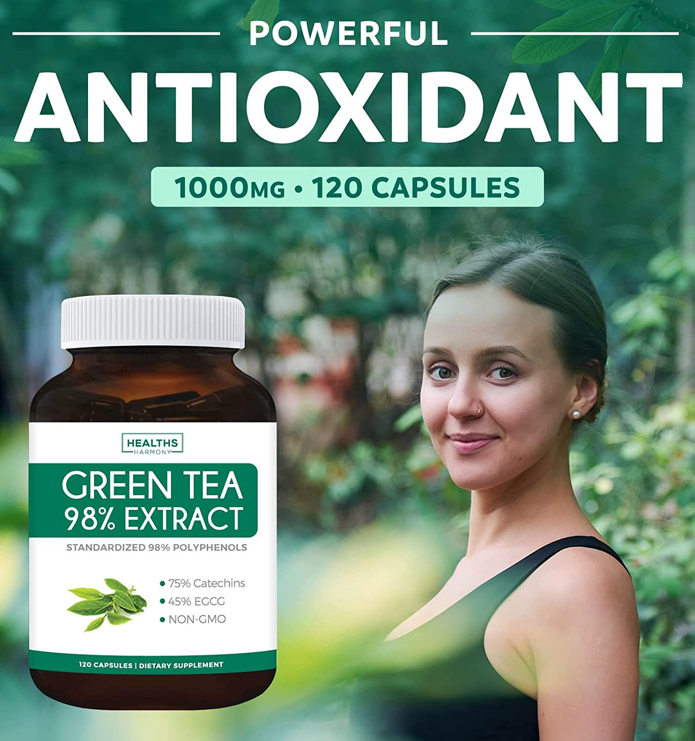 Green Tea Extract 98% - 1000mg with EGCG - 120 Capsules (Non-GMO) for Weight Loss and Metabolism Boost - Natural Diet Pills - Leaf Polyphenol Catechins - Antioxidant Supplement - 500mg per Capsule