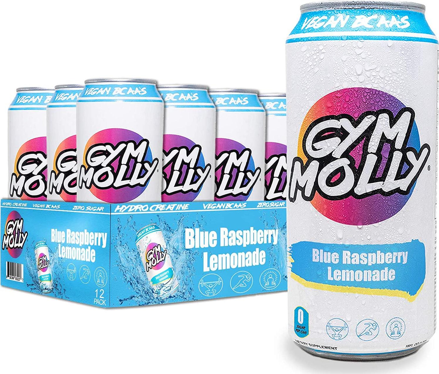 Gym Molly Blue Raspberry Lemonade Energy Drink Cans | Zero Sugar | Hydro Creatine | Vegan BCAAs | B Vitamins | 16 fl oz (Pack of 12)