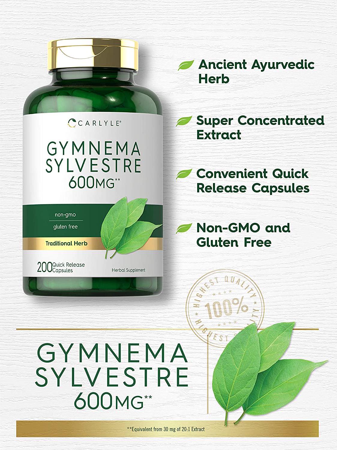 Gymnema Sylvestre Leaf Extract 600 mg | 200 Capsules | Non-GMO and Gluten Free | by Carlyle