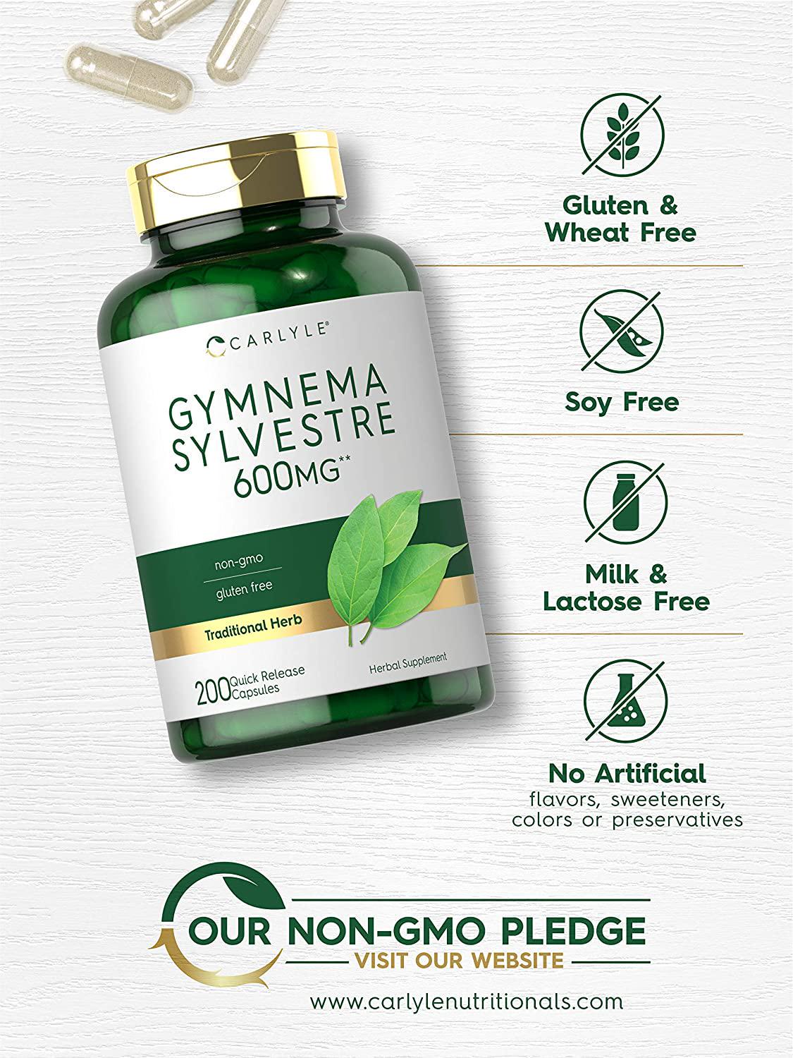 Gymnema Sylvestre Leaf Extract 600 mg | 200 Capsules | Non-GMO and Gluten Free | by Carlyle