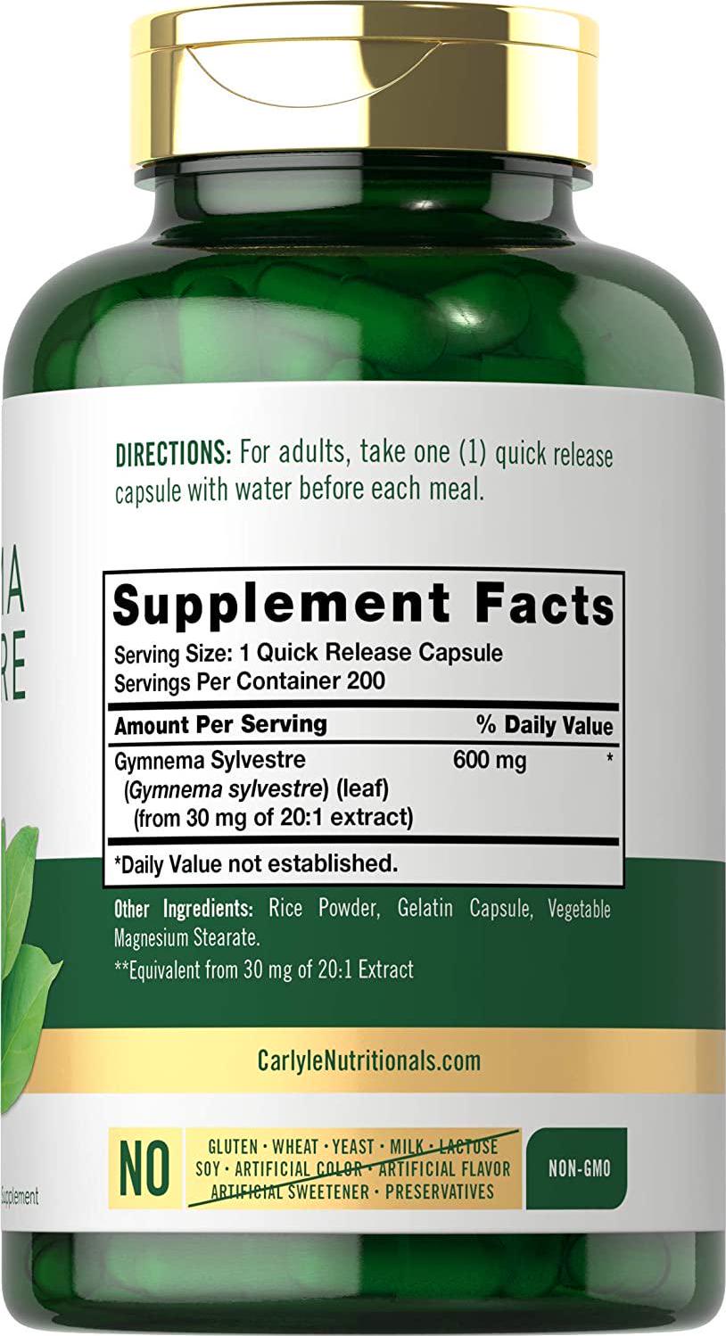 Gymnema Sylvestre Leaf Extract 600 mg | 200 Capsules | Non-GMO and Gluten Free | by Carlyle
