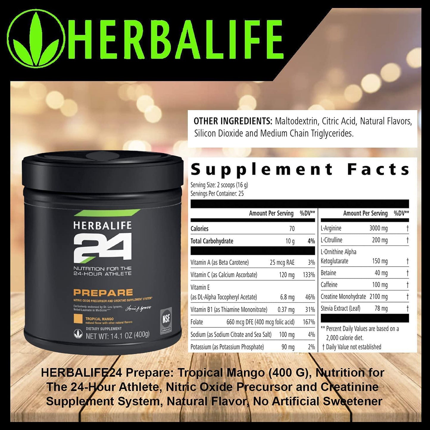 HERBALIFE24 Prepare: Tropical Mango (400 G), Nutrition for The 24-Hour Athlete, Nitric Oxide Precursor and Creatinine Supplement System, Natural Flavor, No Artificial Sweetener