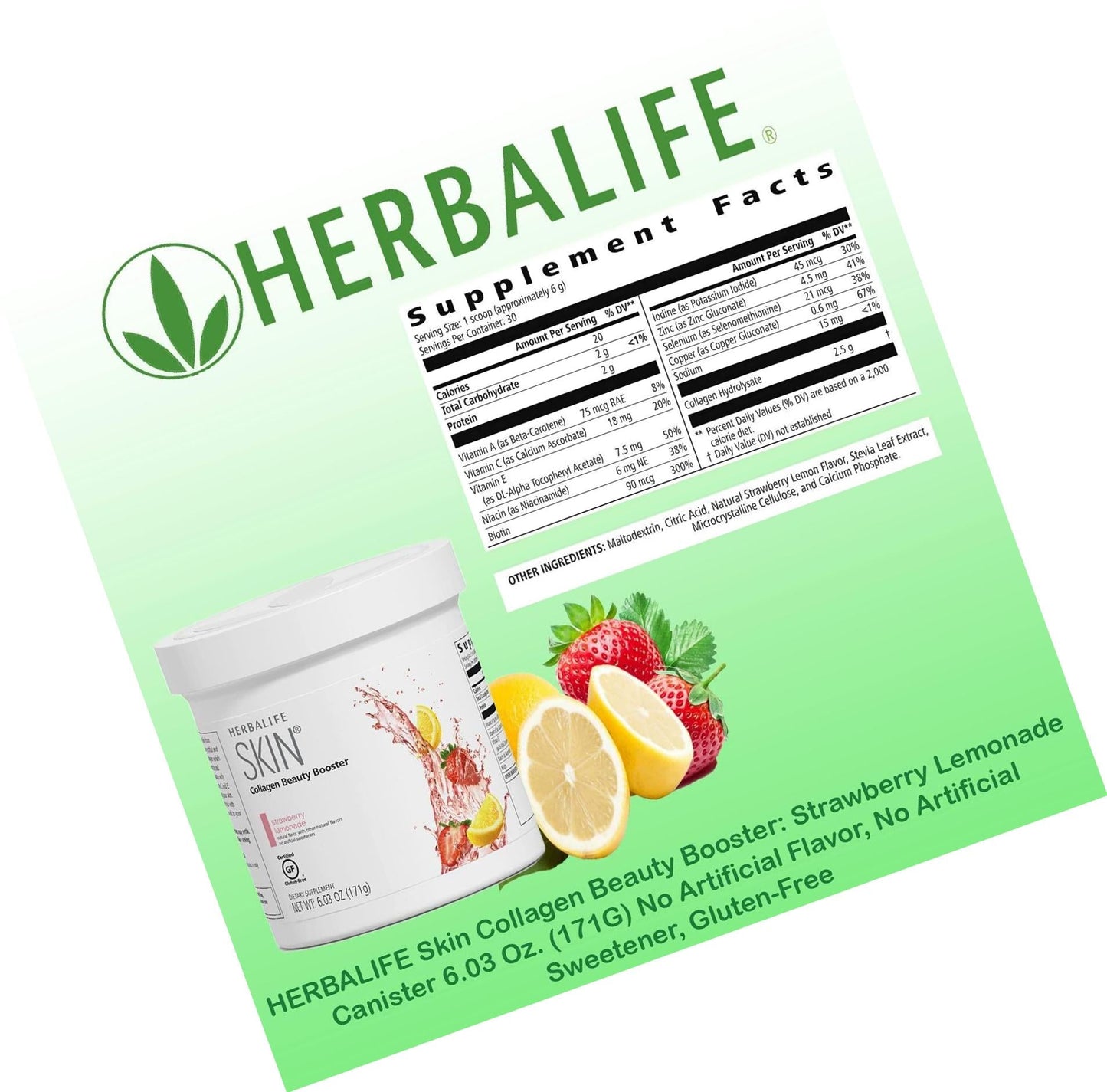 HERBALIFE Skin Strawberry Lemonade Canister 6.03 Oz. (171G) Skin Collagen Beauty Booster: No Artificial Flavor, No Artificial Sweeteners, Gluten-Free