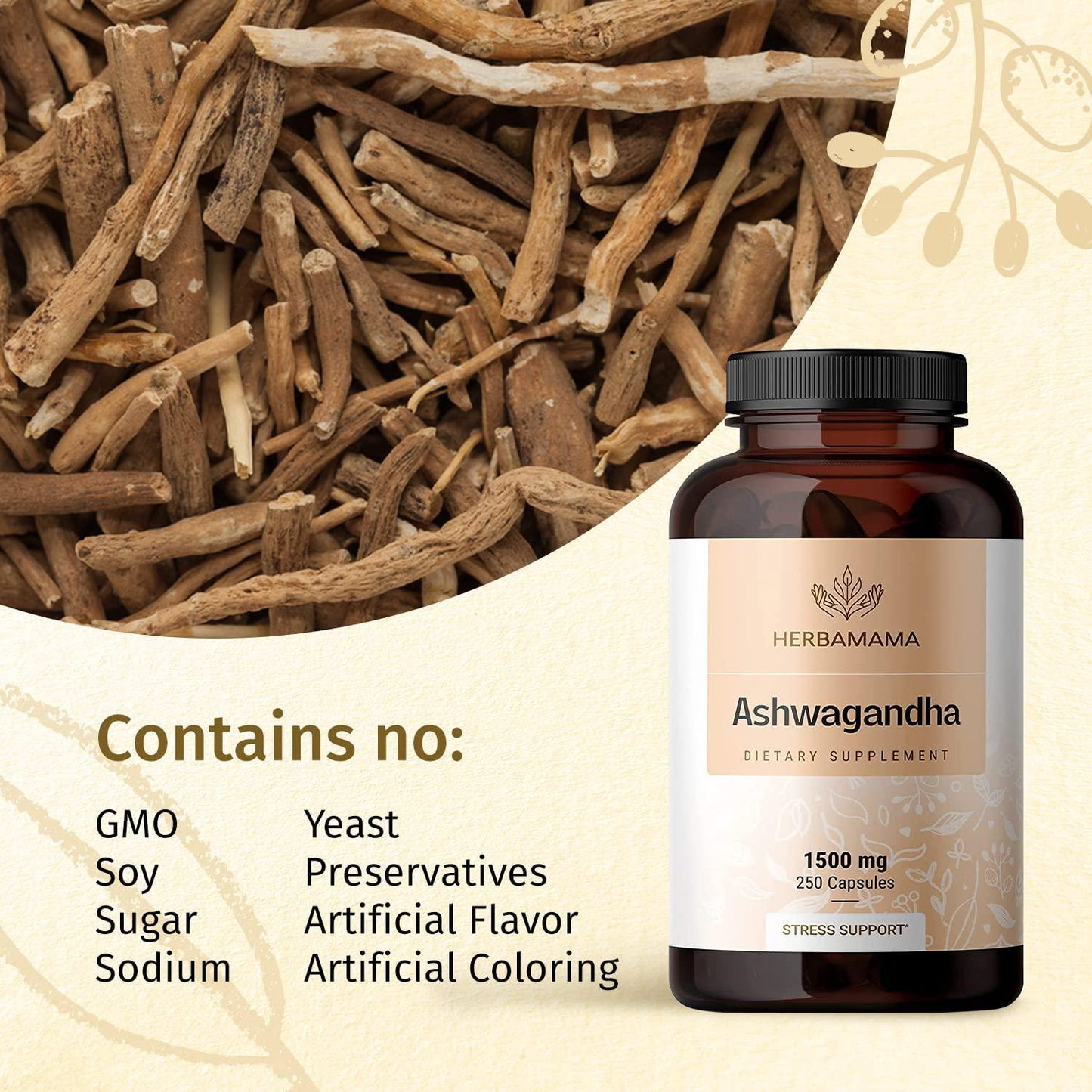 HERBAMAMA Ashwagandha 250 Capsules 1500mg - Organic Withania Somnifera Root Powder - Natural Support for Stress Relief, Sleep Aid and Mood Enhancer - Vegan, and Non-GMO Pills