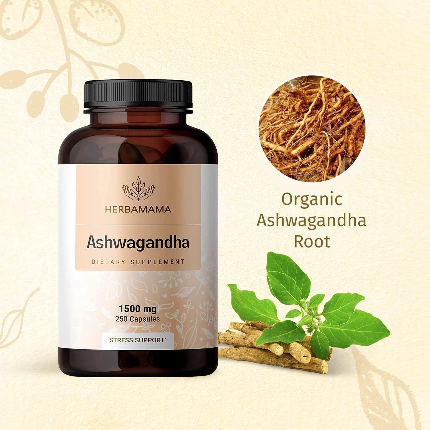 HERBAMAMA Ashwagandha 250 Capsules 1500mg - Organic Withania Somnifera Root Powder - Natural Support for Stress Relief, Sleep Aid and Mood Enhancer - Vegan, and Non-GMO Pills