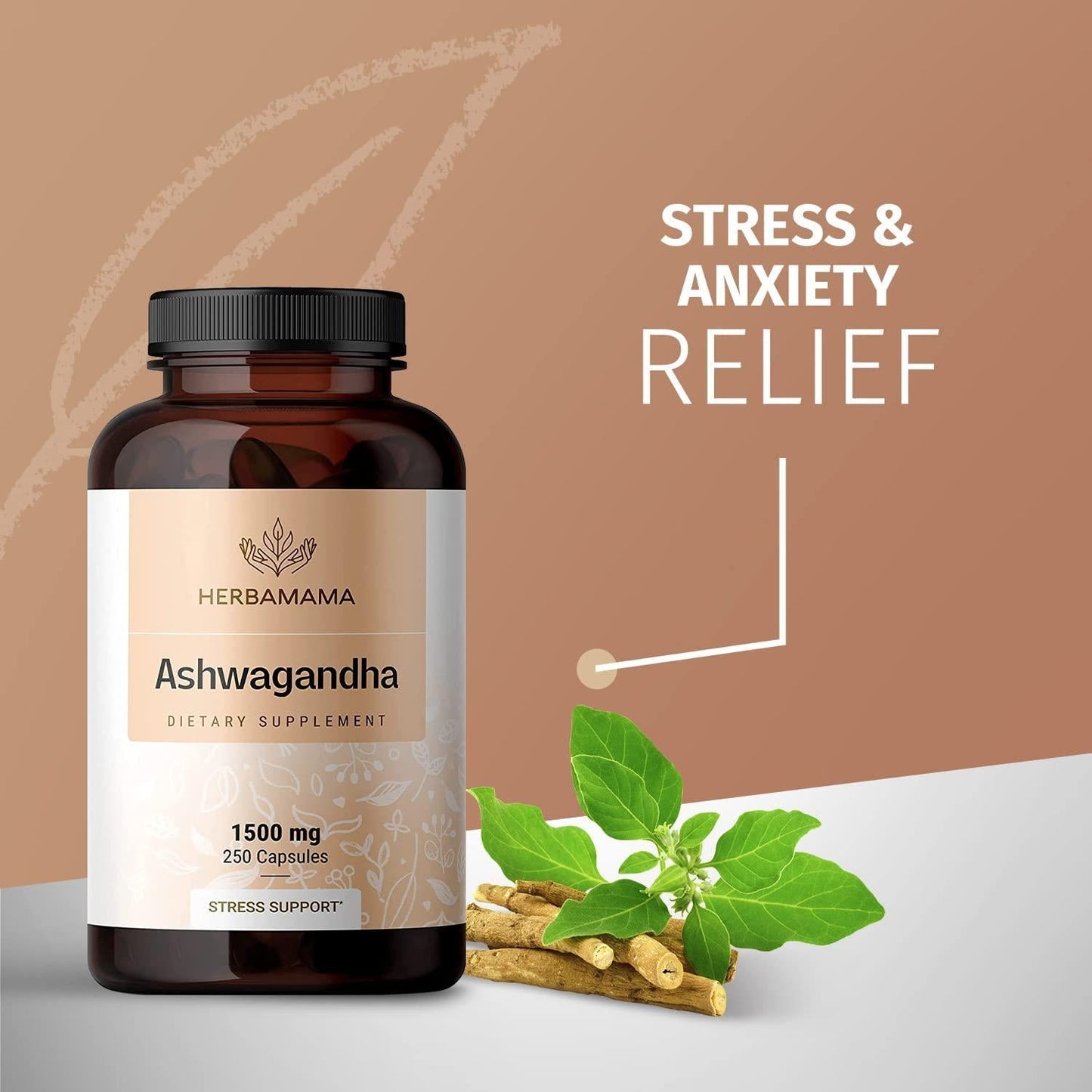 HERBAMAMA Ashwagandha 250 Capsules 1500mg - Organic Withania Somnifera Root Powder - Natural Support for Stress Relief, Sleep Aid and Mood Enhancer - Vegan, and Non-GMO Pills