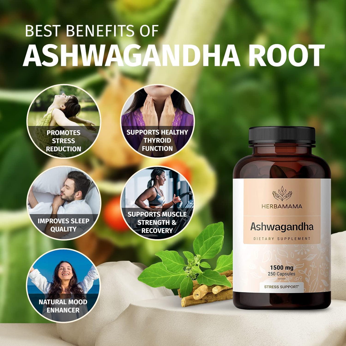 HERBAMAMA Ashwagandha 250 Capsules 1500mg - Organic Withania Somnifera Root Powder - Natural Support for Stress Relief, Sleep Aid and Mood Enhancer - Vegan, and Non-GMO Pills