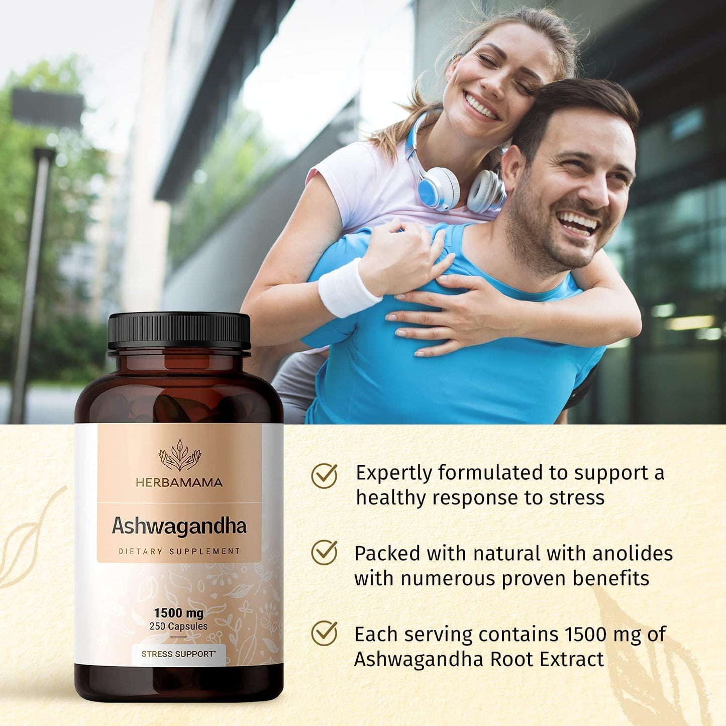 HERBAMAMA Ashwagandha 250 Capsules 1500mg - Organic Withania Somnifera Root Powder - Natural Support for Stress Relief, Sleep Aid and Mood Enhancer - Vegan, and Non-GMO Pills