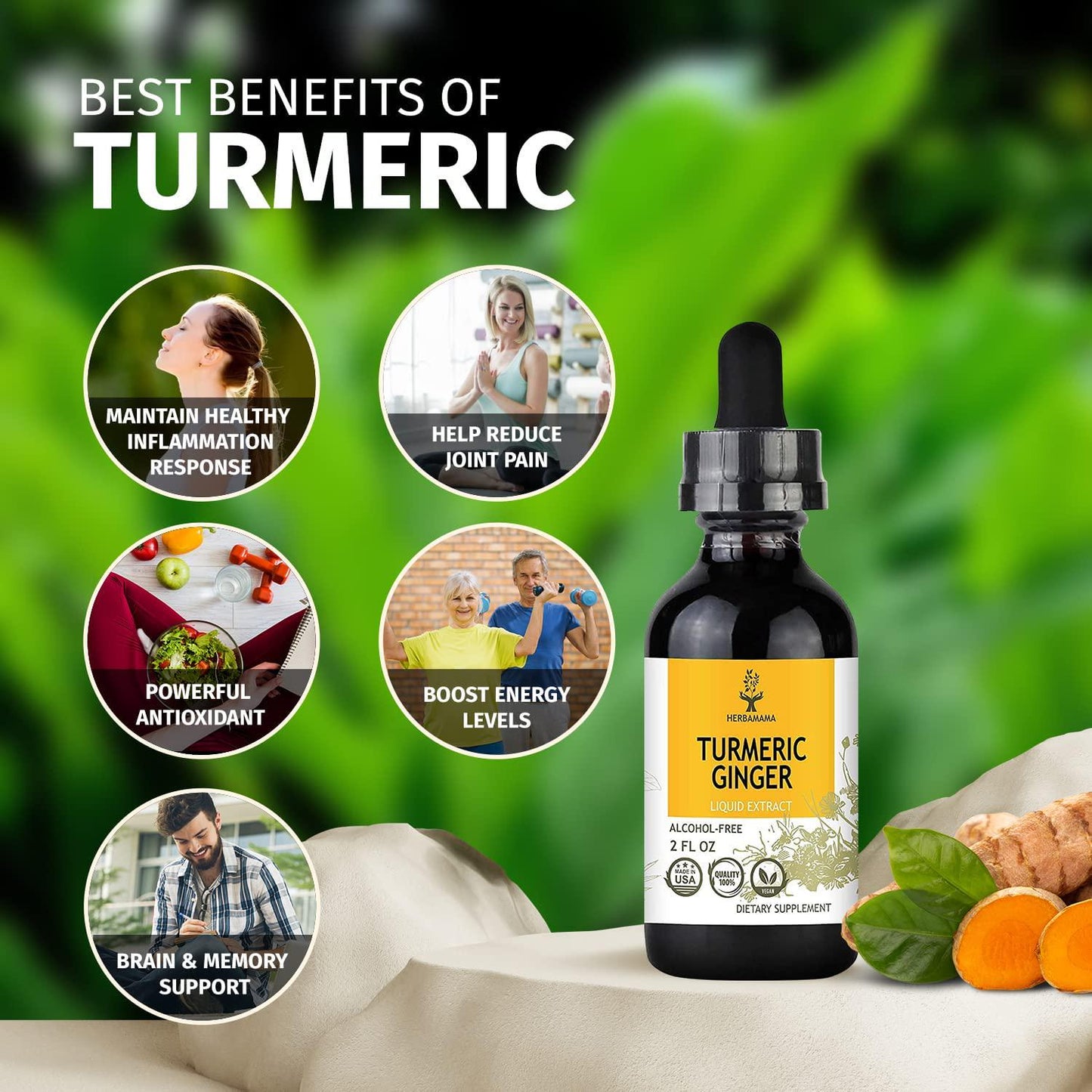HERBAMAMA Liquid Turmeric Ginger w/ Black Pepper Extract - Joint Health and Inflammation Response - Immune Support Brain Boost and Energy Supplement - Organic Turmeric Tincture Drops - Vegan 2 fl. Oz.
