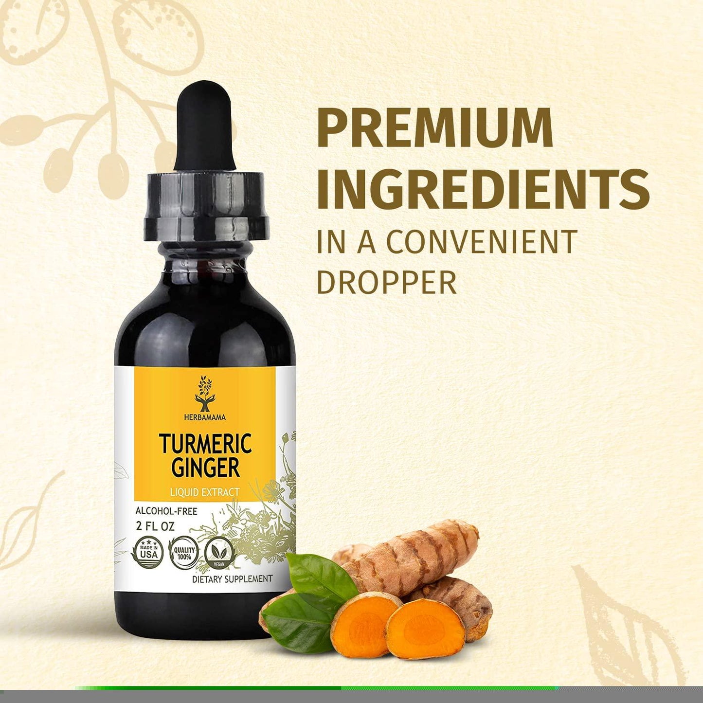 HERBAMAMA Liquid Turmeric Ginger w/ Black Pepper Extract - Joint Health and Inflammation Response - Immune Support Brain Boost and Energy Supplement - Organic Turmeric Tincture Drops - Vegan 2 fl. Oz.