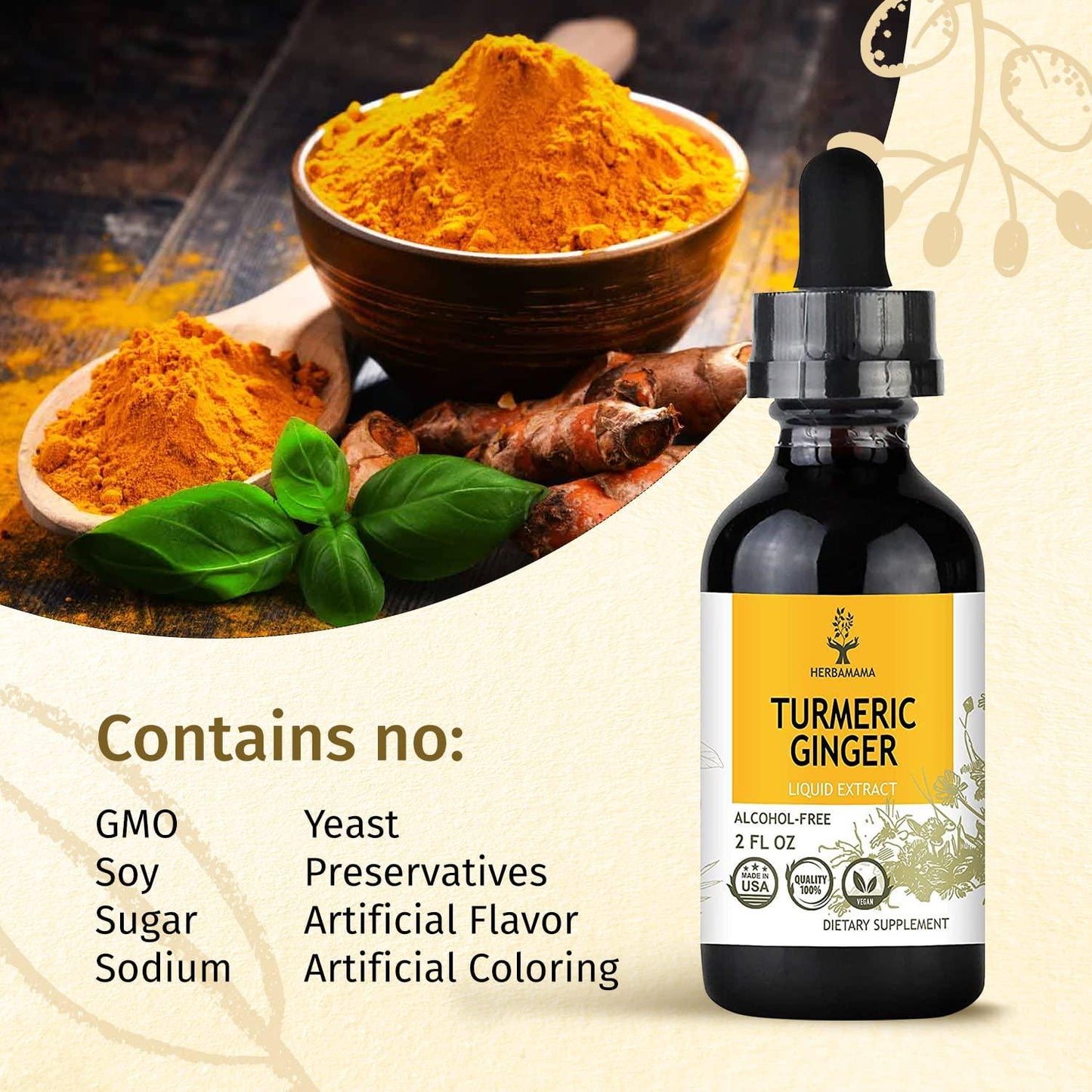 HERBAMAMA Liquid Turmeric Ginger w/ Black Pepper Extract - Joint Health and Inflammation Response - Immune Support Brain Boost and Energy Supplement - Organic Turmeric Tincture Drops - Vegan 2 fl. Oz.