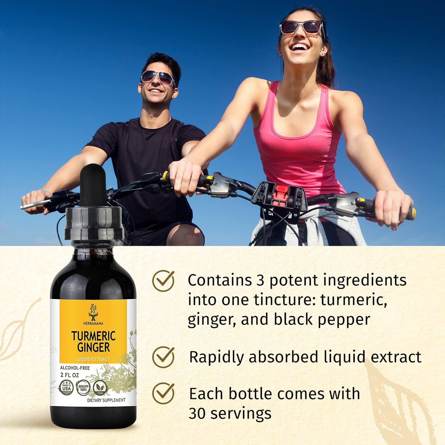 HERBAMAMA Liquid Turmeric Ginger w/ Black Pepper Extract - Joint Health and Inflammation Response - Immune Support Brain Boost and Energy Supplement - Organic Turmeric Tincture Drops - Vegan 2 fl. Oz.