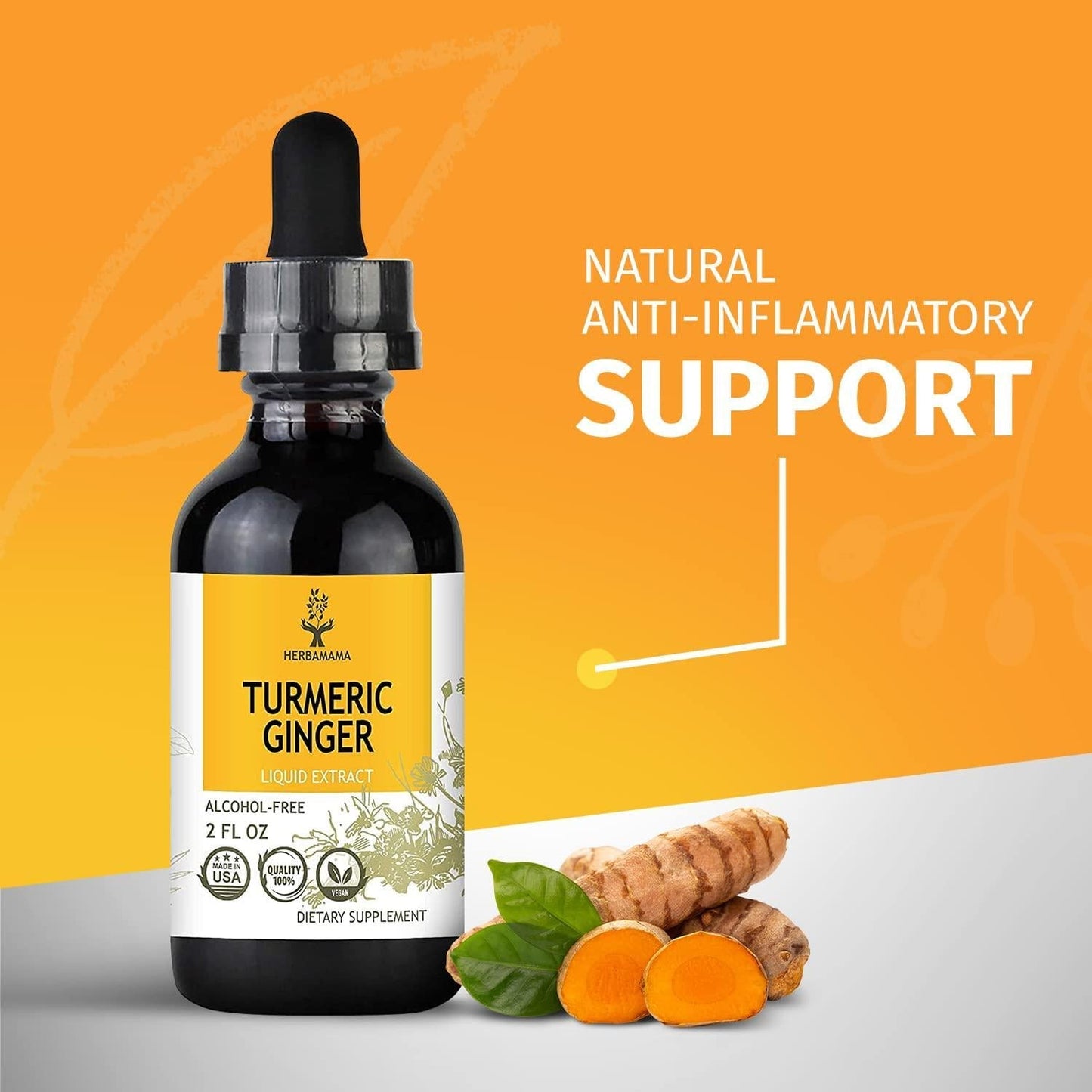 HERBAMAMA Liquid Turmeric Ginger w/ Black Pepper Extract - Joint Health and Inflammation Response - Immune Support Brain Boost and Energy Supplement - Organic Turmeric Tincture Drops - Vegan 2 fl. Oz.