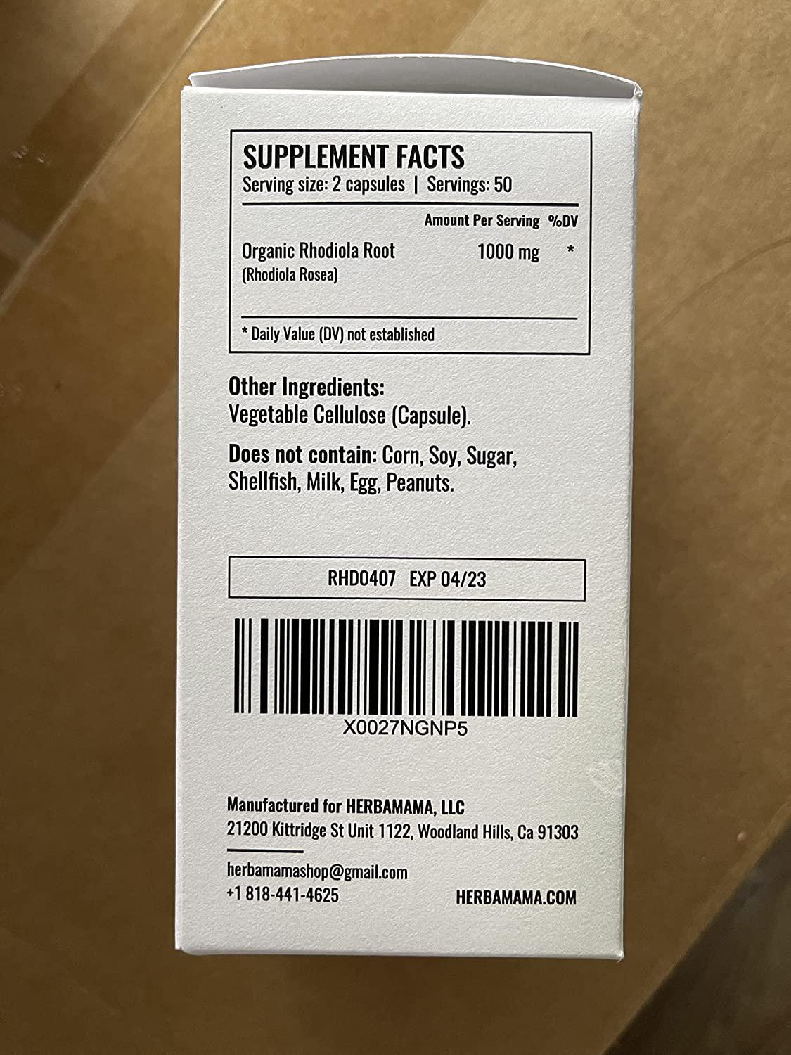 HERBAMAMA Rhodiola Capsules - Daily Dietary Supplement Promoting Energy Boost, Brain Function, Natural Stress Relief - Helps with Weight Management, Exercise Performance - 1000mg, 100 Caps per Bottle