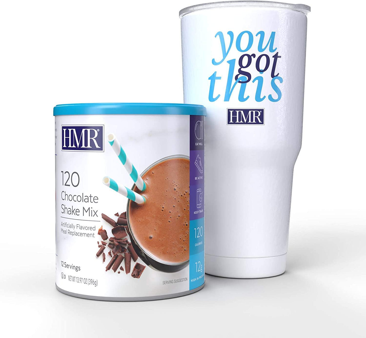 HMR 120 Shake and Tumbler Starter Set (Chocolate) - Chocolate Shake Meal Replacement Powder, 12g Protein, 120 Cal., Canister of 12 Servings paired with an HMR Extra Large 28 Oz. Stainless Tumbler