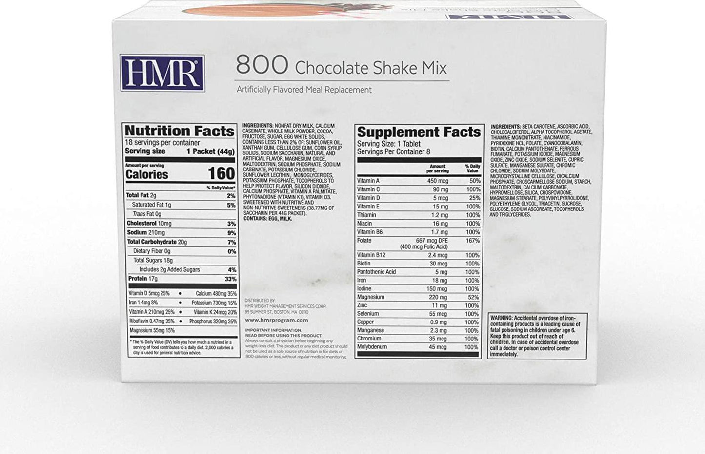 HMR 800 Chocolate Shake Meal Replacement Triple Pack, 16g Protein, 160 Cal., 3 Boxes of 18 Single-Serve Powder Packets