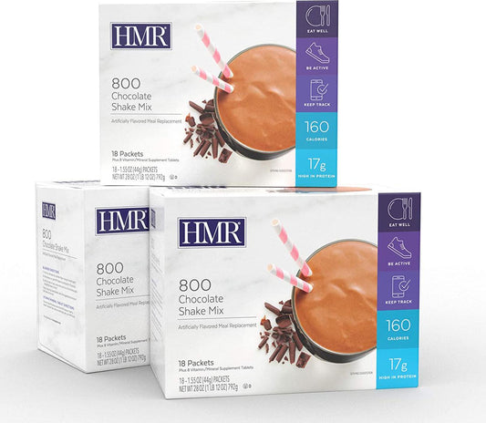 HMR 800 Chocolate Shake Meal Replacement Triple Pack, 16g Protein, 160 Cal., 3 Boxes of 18 Single-Serve Powder Packets