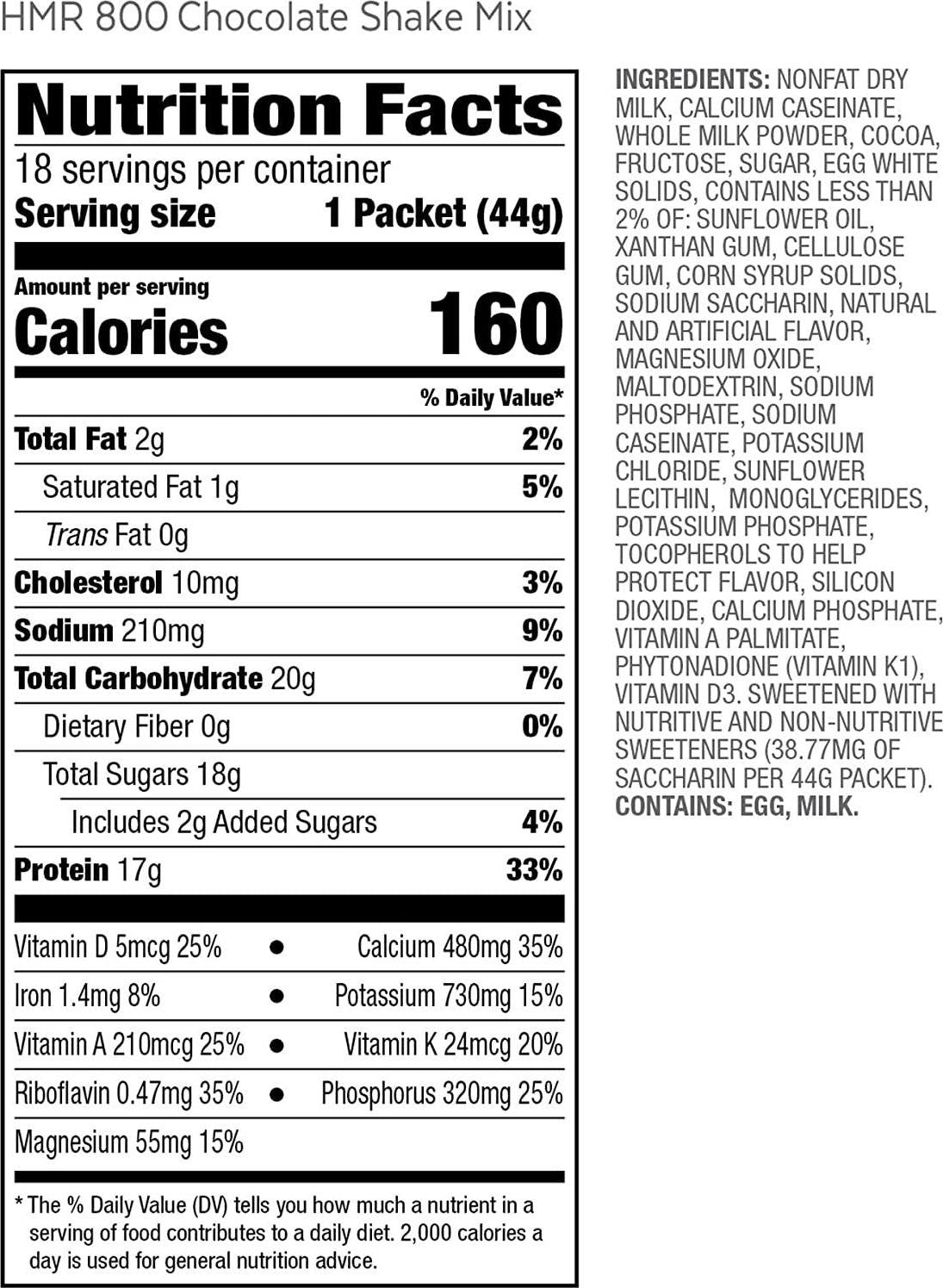 HMR 800 Chocolate Shake Meal Replacement Triple Pack, 16g Protein, 160 Cal., 3 Boxes of 18 Single-Serve Powder Packets