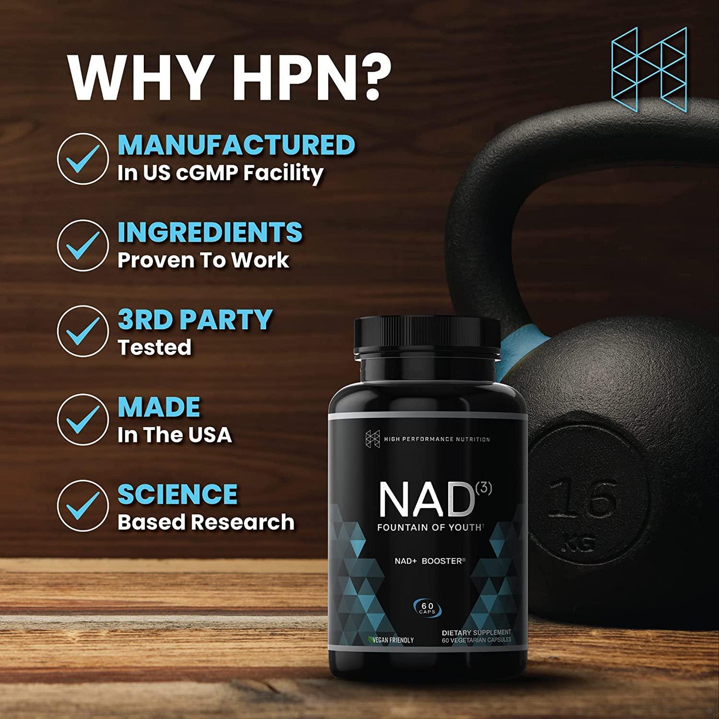 HPN NAD+ Booster - Nicotinamide Riboside Alternative (NAD3) for Men and Women | Anti Aging NRF2 Activator, Superior to NADH - Natural Energy Supplement for Longevity and Cellular Health, 60 Veggie Pills