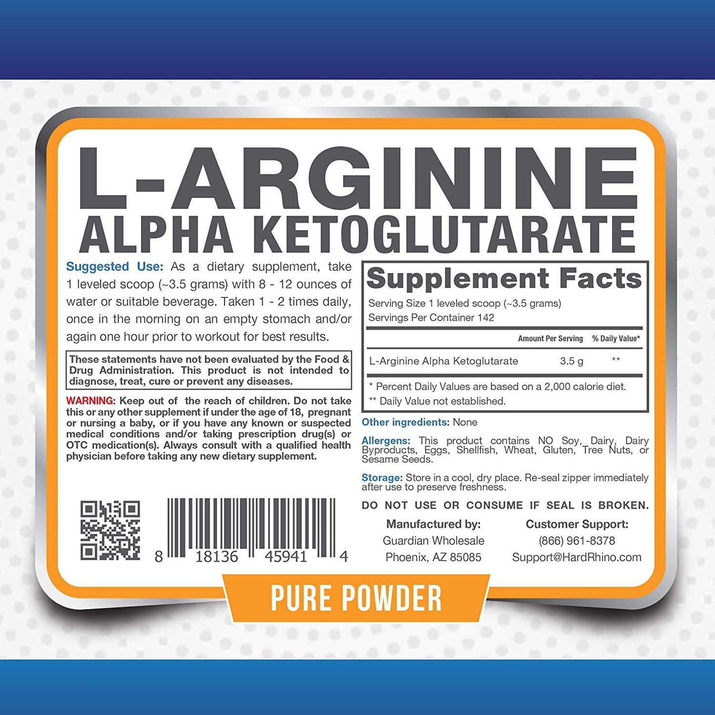 HR Supplements L-Arginine Alpha Ketoglutarate (AAKG) Powder, 1 Kilogram (2.2 Lbs), Unflavored, Lab-Tested, Scoop Included