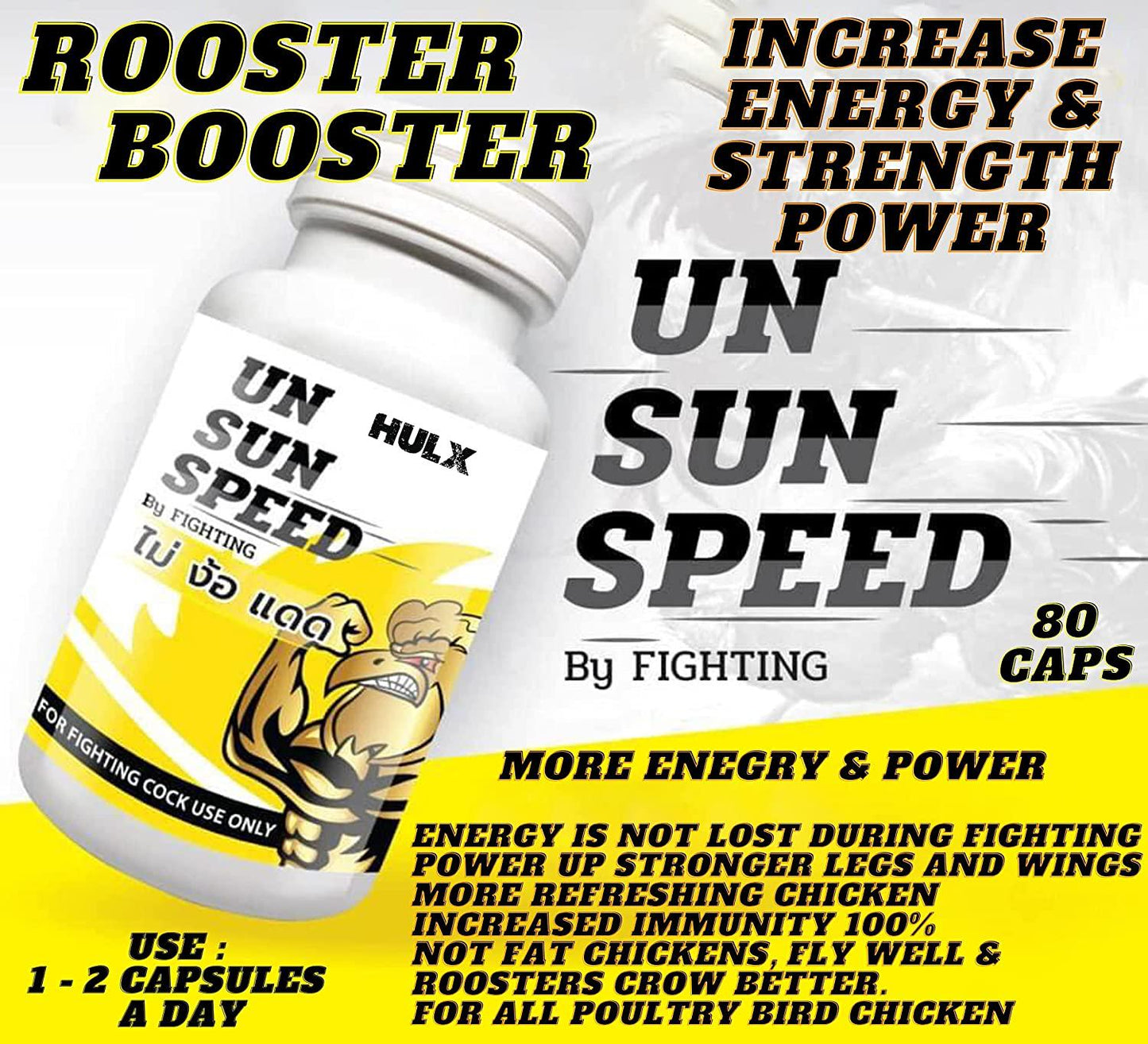 HULX 80 Capsule, Rooster Booster UN Sun Speed Vitamins Health Chicken Supplement Super Increasing Energy, Stronger and More Power Healthy Formula Feed for Bird Poultry, Cock Fighting Gamecocks Hen Food