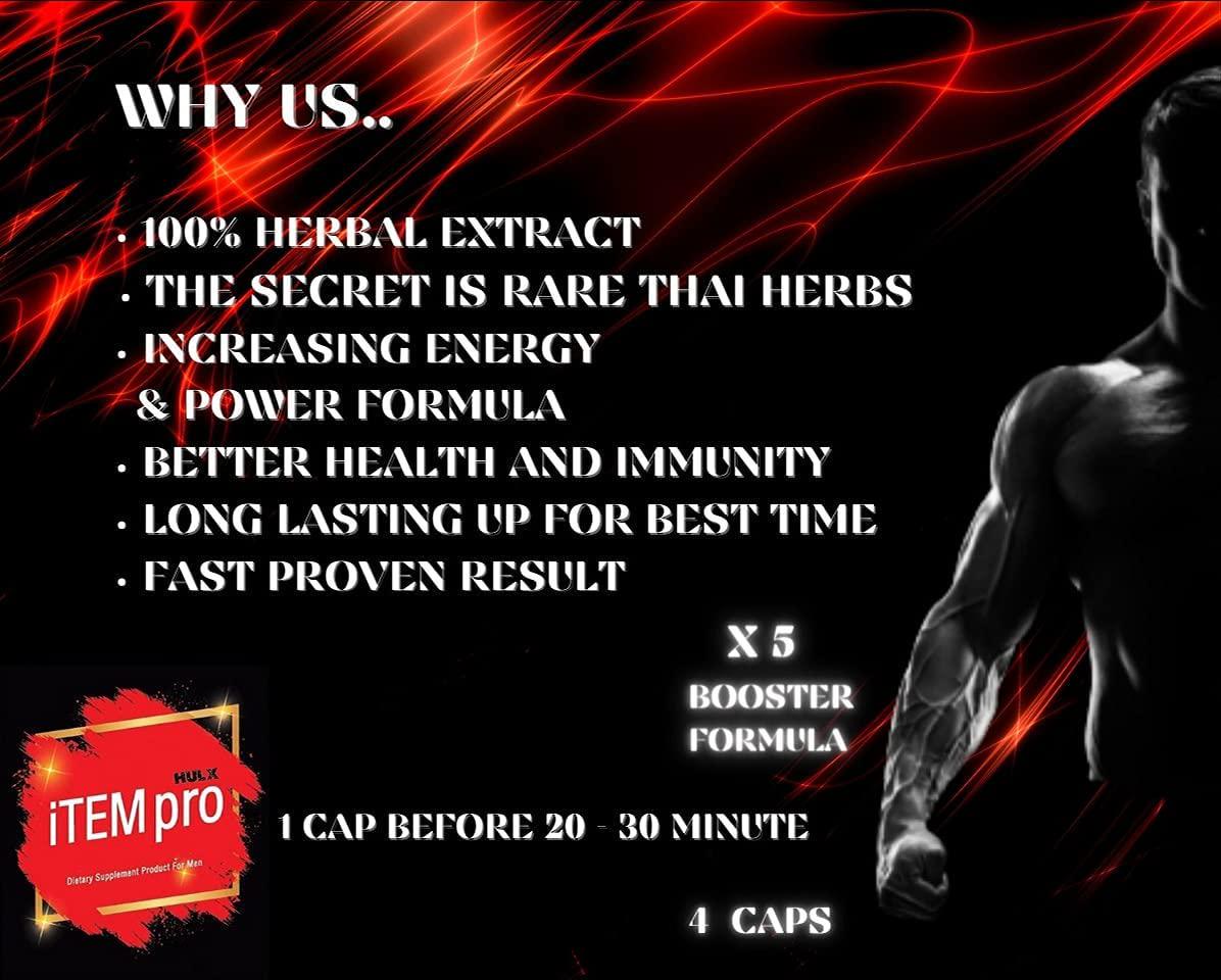 HULX ITEMPRO 4 Caps Men Power and Energy Booster Vitamins Health Supplement Capsules Increasing Stronger and More Lasting Time, Men's Healthy Formula Natural Food Minerals Organic Herbal Extracts for Male