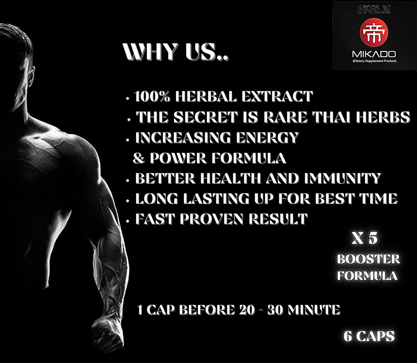 HULX Mikado 6 Caps Men Energy and Power Booster Vitamins Health Supplement Capsules Men's Healthy Formula, Heart, Increasing Stronger and More Lasting Time, Natural Food Organic Herbal Extracts for Male