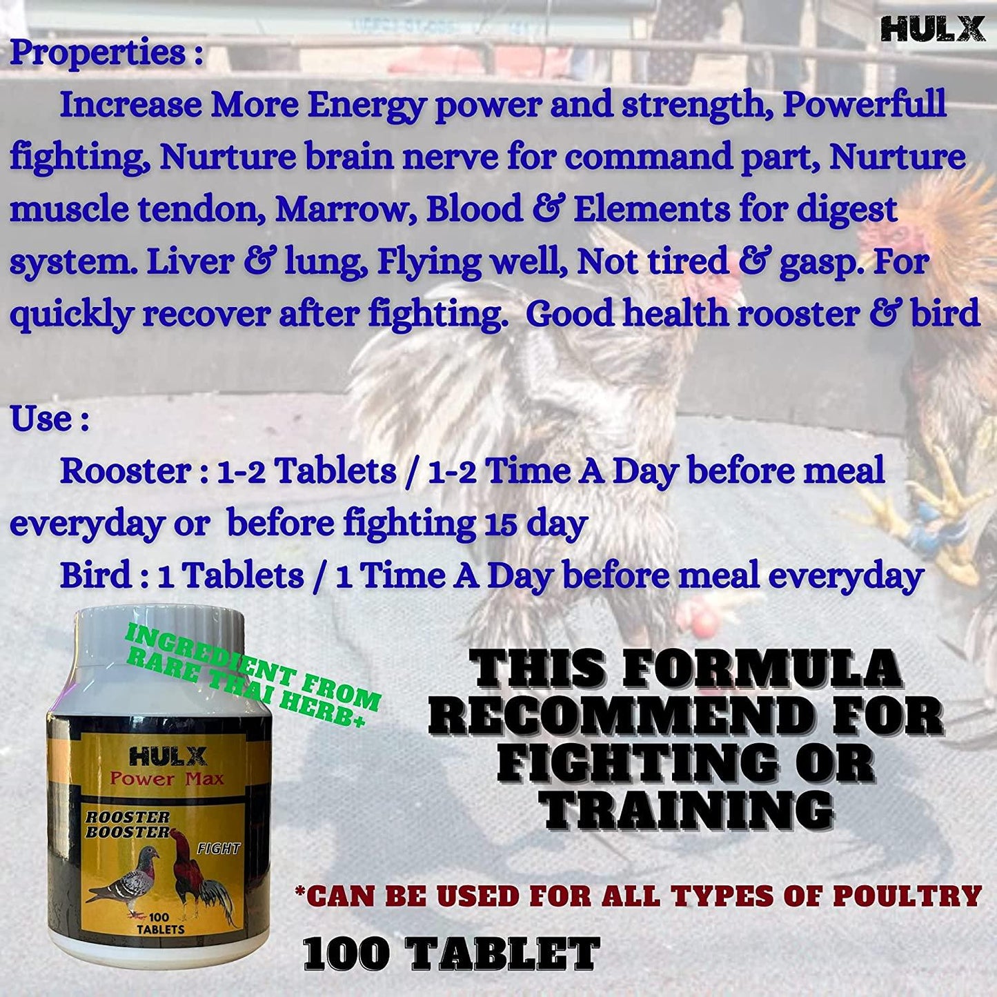 HULX Power Plus 100 Tablets, Long Term Strengher and Energy Formula Rooster Booster Vitamins Health Supplement Good Health, Build Muscle, Blood Feed Chicken Bird Poultry, Fighting Gamecocks Hen Food