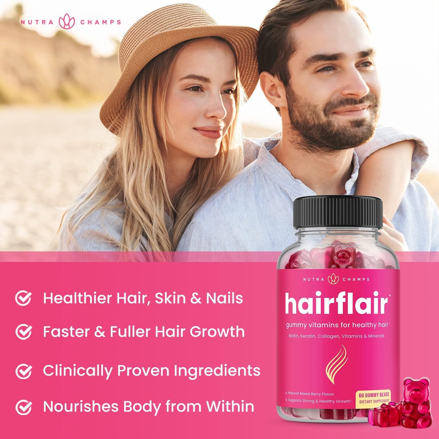 Hair Skin and Nails Gummies with Biotin | Premium Hair Growth Vitamins with Keratin and Collagen Gummies for Nail Growth | Biotin Gummies with Essential Hair and Nails Vitamins for Women and Men (2-Pack)