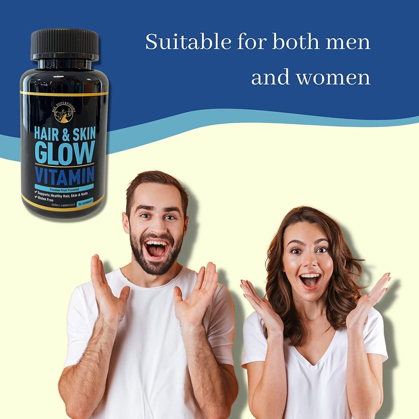 Hair and Skin Glow Vitamin Gummies - Biotin Gummies for Hair Skin and Nails with Collagen, Vitamin A, C, D, and E for Hair Growth, Glowing Skin, Passion Fruit Flavored, Gluten-Free - 60 Gummies