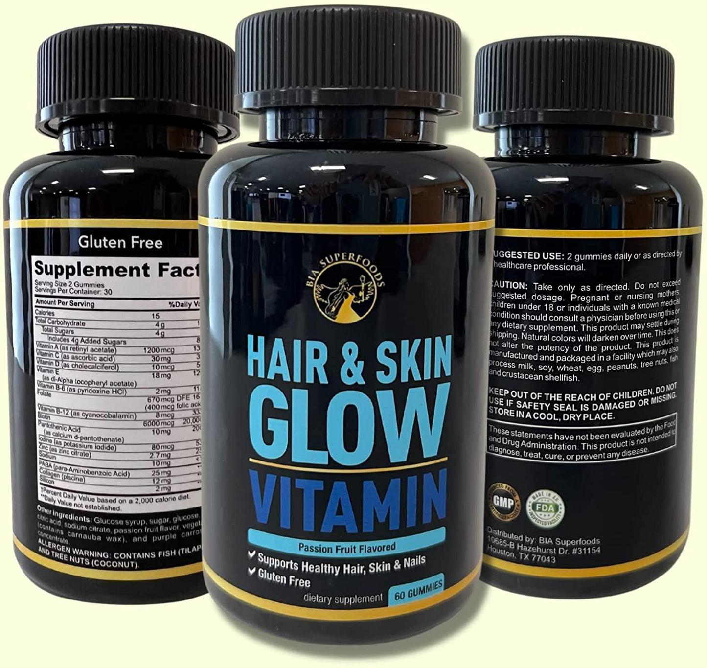 Hair and Skin Glow Vitamin Gummies - Biotin Gummies for Hair Skin and Nails with Collagen, Vitamin A, C, D, and E for Hair Growth, Glowing Skin, Passion Fruit Flavored, Gluten-Free - 60 Gummies