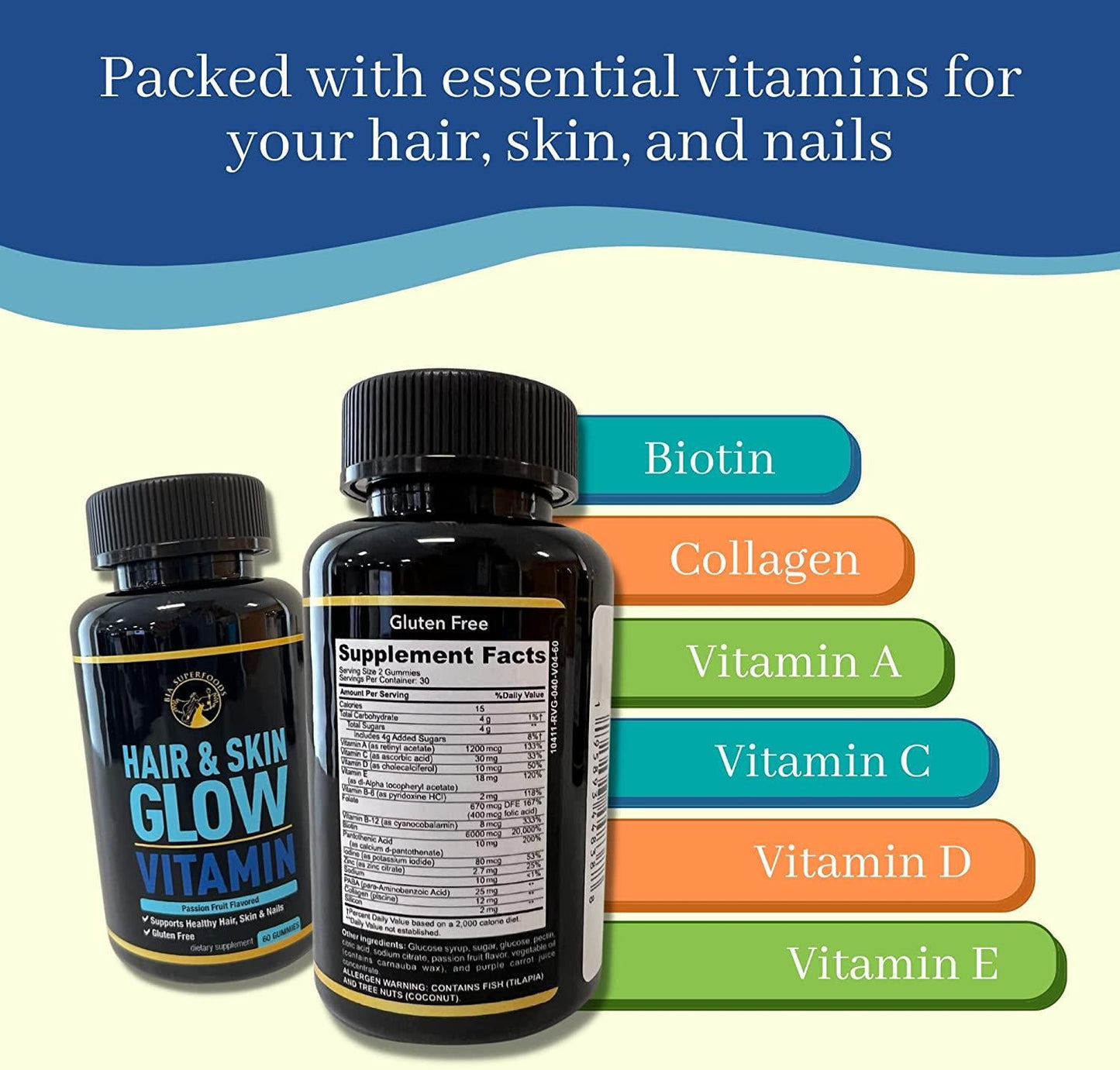 Hair and Skin Glow Vitamin Gummies - Biotin Gummies for Hair Skin and Nails with Collagen, Vitamin A, C, D, and E for Hair Growth, Glowing Skin, Passion Fruit Flavored, Gluten-Free - 60 Gummies