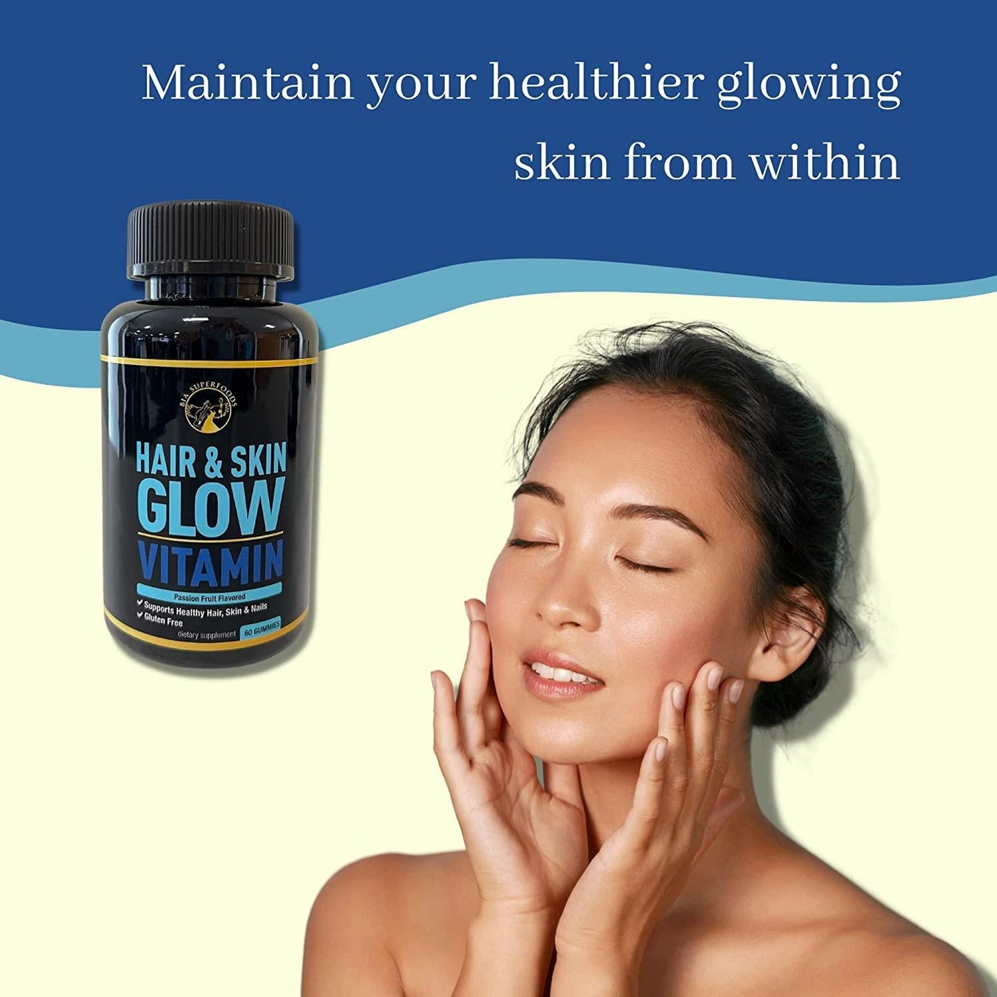 Hair and Skin Glow Vitamin Gummies - Biotin Gummies for Hair Skin and Nails with Collagen, Vitamin A, C, D, and E for Hair Growth, Glowing Skin, Passion Fruit Flavored, Gluten-Free - 60 Gummies