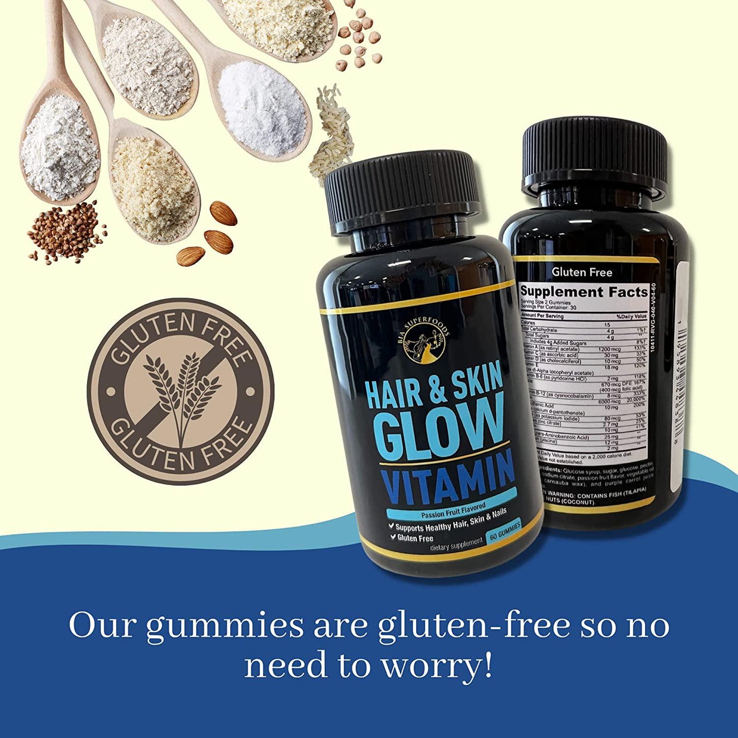 Hair and Skin Glow Vitamin Gummies - Biotin Gummies for Hair Skin and Nails with Collagen, Vitamin A, C, D, and E for Hair Growth, Glowing Skin, Passion Fruit Flavored, Gluten-Free - 60 Gummies