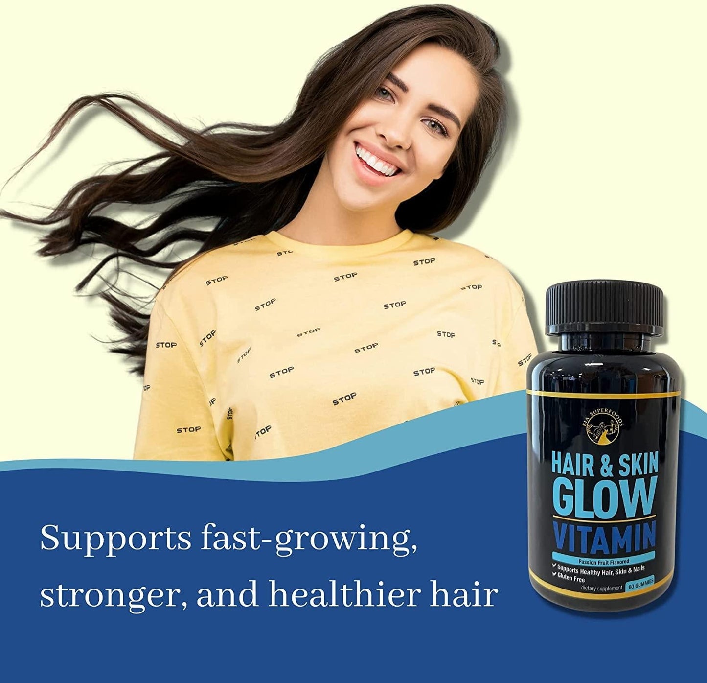 Hair and Skin Glow Vitamin Gummies - Biotin Gummies for Hair Skin and Nails with Collagen, Vitamin A, C, D, and E for Hair Growth, Glowing Skin, Passion Fruit Flavored, Gluten-Free - 60 Gummies