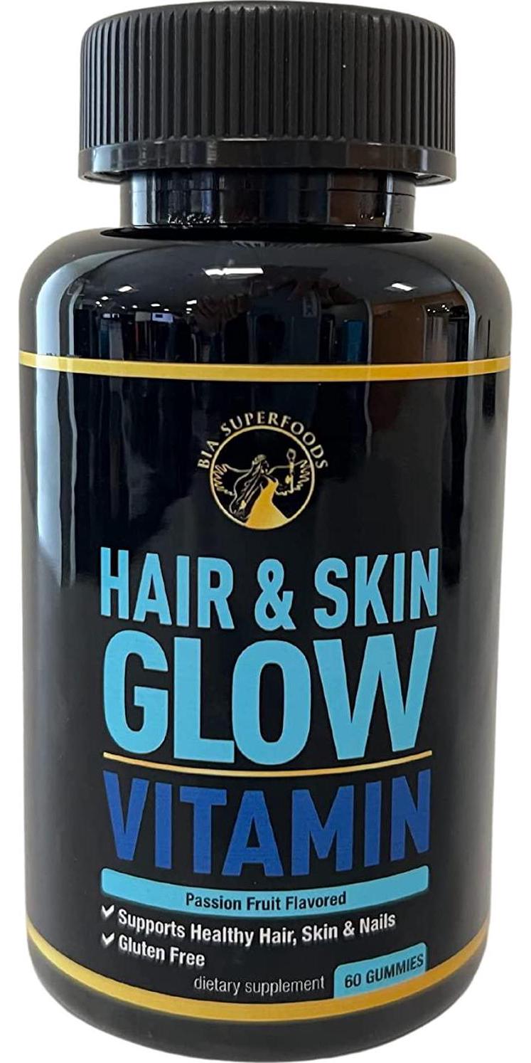 Hair and Skin Glow Vitamin Gummies - Biotin Gummies for Hair Skin and Nails with Collagen, Vitamin A, C, D, and E for Hair Growth, Glowing Skin, Passion Fruit Flavored, Gluten-Free - 60 Gummies
