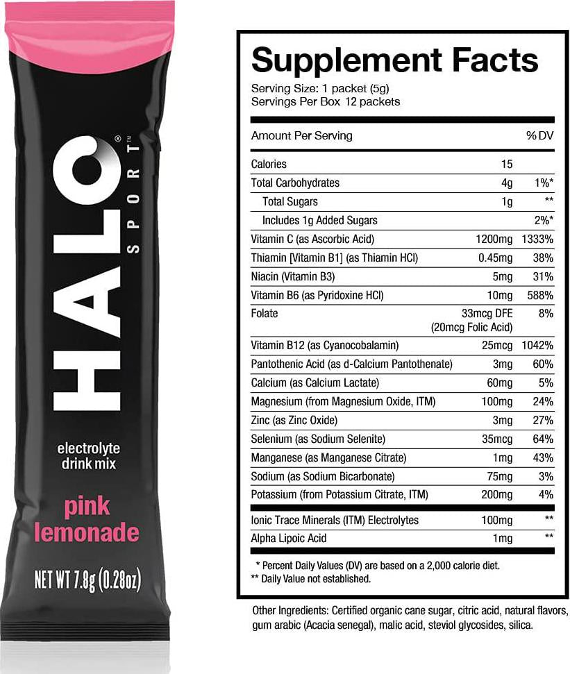 Halo: Hydration Electrolyte Powder Packets Pink Lemonade - 12 Servings (5g Each) - Organic Hydration Drink with Low Sugar + Essential Vitamins + Minerals - Vegan - Immunity Booster