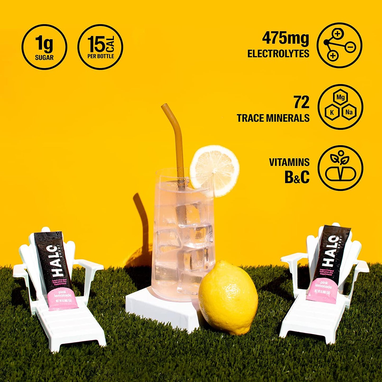 Halo: Hydration Electrolyte Powder Packets Pink Lemonade - 12 Servings (5g Each) - Organic Hydration Drink with Low Sugar + Essential Vitamins + Minerals - Vegan - Immunity Booster