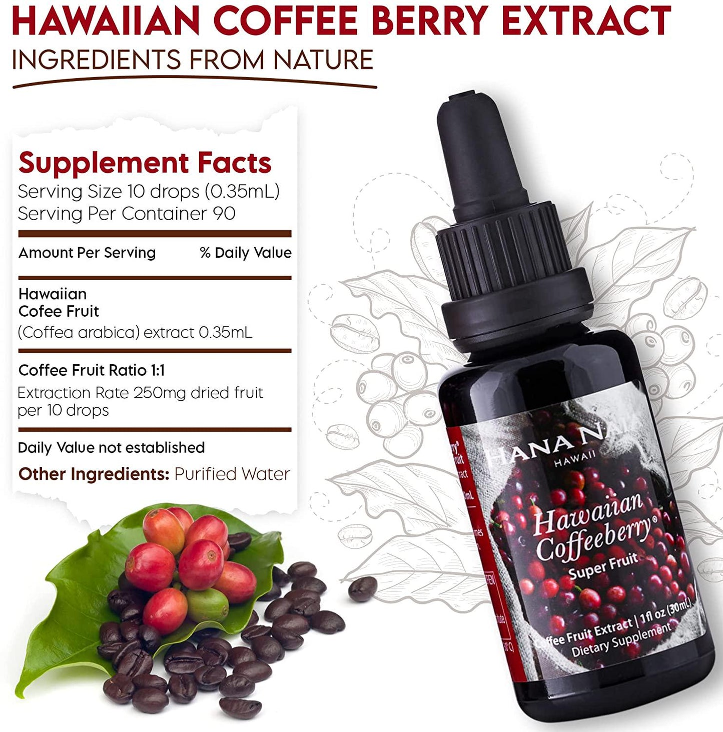 Hana Naia Coffee Fruit Extract, Brain Booster and Brain Health Supplement, Fast Acting BDNF Neurofactor Supplement, 100% Pure Hawaiian Coffee Berry Extract, Non-GMO | 30ml