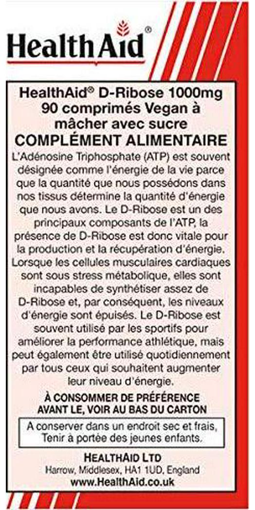 HealthAid D-Ribose 1000mg 90 Vegan Tablets