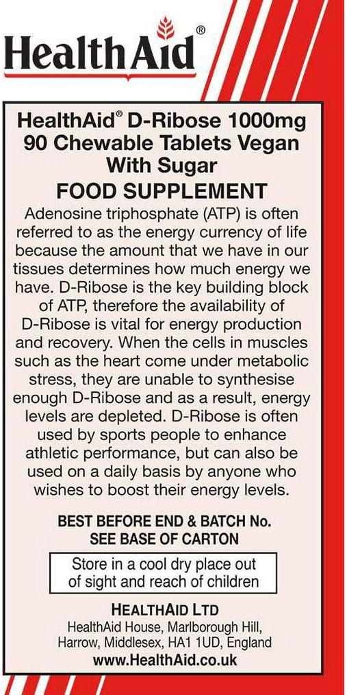 HealthAid D-Ribose 1000mg 90 Vegan Tablets
