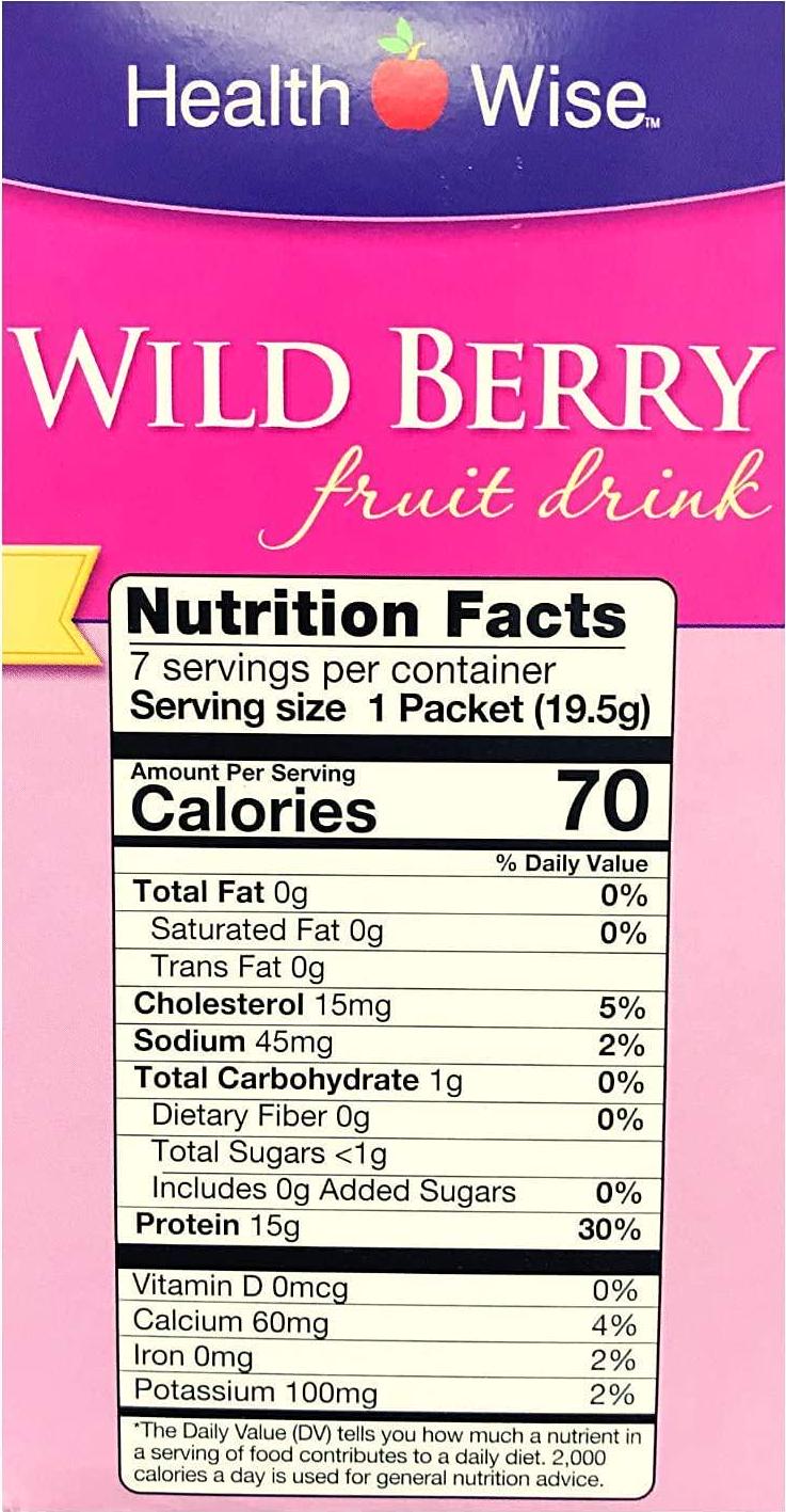 Healthwise - Wild berry Fruit Drink - For Weight Loss - Hunger Suppressant - 1 Gram of Carbohydrate - 70 Calories - 15 Grams of Protein - (7 Packets 0.69 OZ Packets Net 4.83 OZ) - By Fit Wise