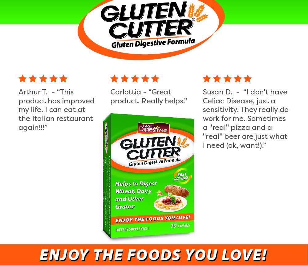 Healthy Digestives Gluten Cutter enzyme formula - Helps Improve your bodies Gluten digestion and assist in breaking down Wheat, Dairy and Other Grains - 30 Servings, Capsules